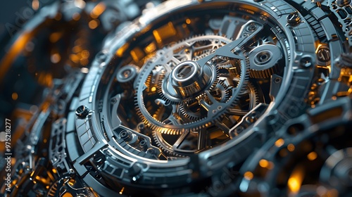 Wallpaper Mural A close up of a clock with many gears and numbers. The clock is made of metal and has a vintage look to it. The gears are intricately designed and the numbers are small and detailed Torontodigital.ca