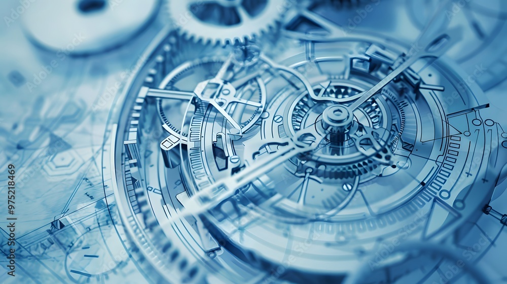 Fototapeta premium A close up of a clock with many gears, the clock is blue and silver. The gears are of different sizes and are spread out across the clock. The clock is a work of art, with each gear carefully crafted
