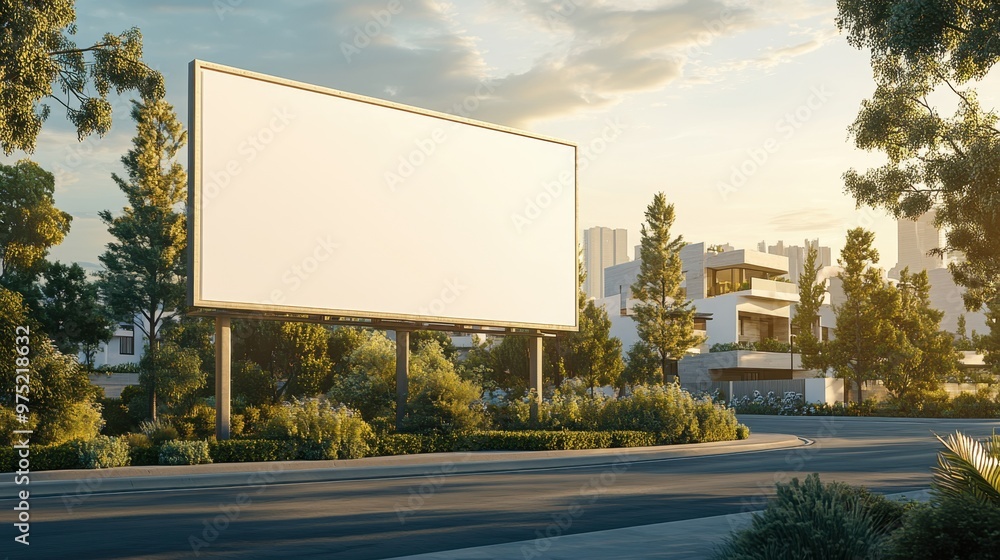 3. A photorealistic blank billboard on a quiet suburban street, surrounded by trees and modern houses, with detailed shadows and soft sunlight highlighting the clean, white surface of the billboard