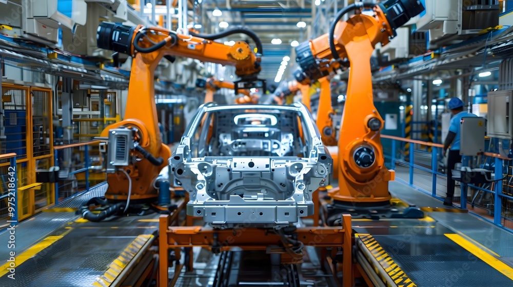 A car is being built in a factory with robots. The robots are orange and are working on the car A car is being built in a factory with robots. The robots are orange and are working on the car