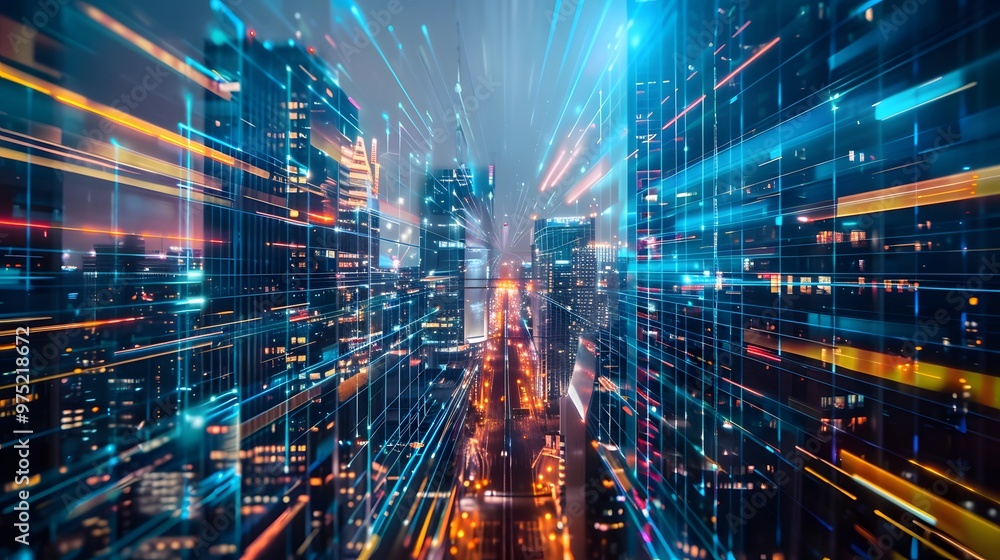 Obraz premium Modern city with towering skyscrapers and flowing cloud-based data streams between them