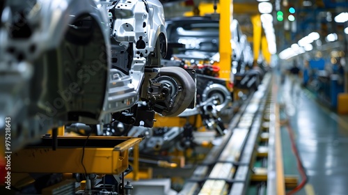 A factory line of cars with the word "production" on the floor. The cars are being built and are in various stages of completion