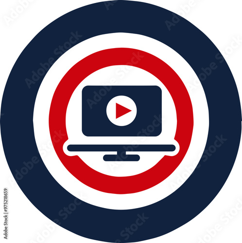 Round icon with computer and play button