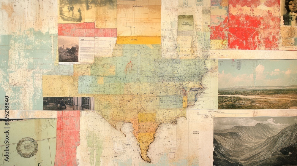 Fototapeta premium Artful collage combining pieces of old maps, vintage photographs, and artistic brushstrokes, evoking a nostalgic feel