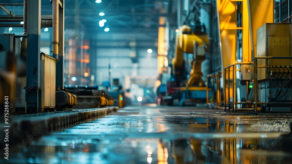 A factory floor with a lot of machinery and a lot of light. The light is reflected in the water on the floor A factory floor with a lot of machinery and a lot of light. The light is reflected in the water on the floor