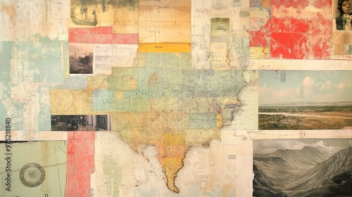 Artful collage combining pieces of old maps, vintage photographs, and artistic brushstrokes, evoking a nostalgic feel