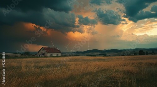 Distant farm enveloped by a thunderstorm in rural surroundings