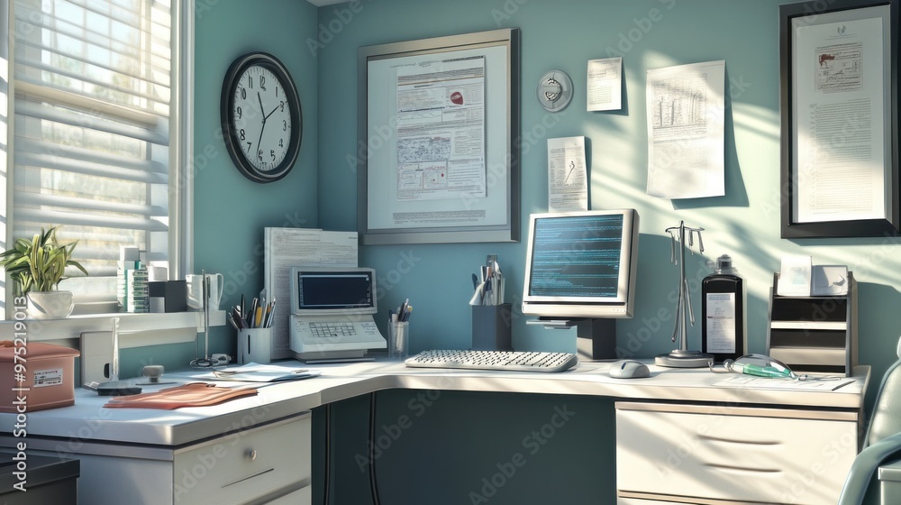 Fototapeta premium Clean and organized doctor's office featuring a stethoscope, medical instruments, and a computer on the desk