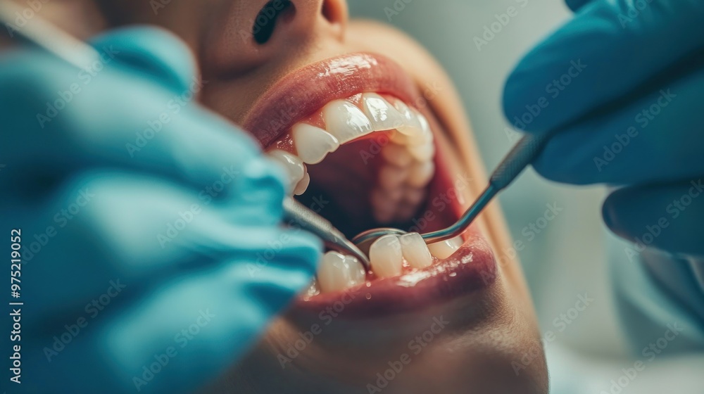 Close-up of dentist's hands carefully applying dental veneer to patient's teeth in medical facility. Close-up of dentist's hands carefully applying dental veneer to patient's teeth in medical facility.