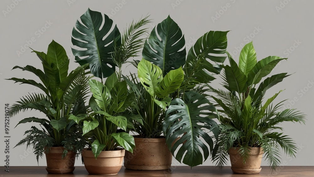 Collection of various indoor plants in clay pots on wooden table Collection of various indoor plants in clay pots on wooden table