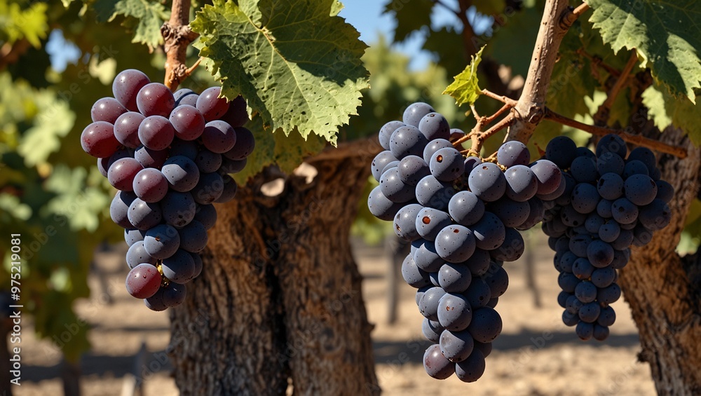 Fototapeta premium Plump grape clusters hanging from vines in a sunny vineyard, ripe harvest.