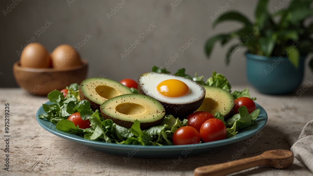 Avocado and egg salad with greens, cherry tomatoes, and seasoning. Avocado and egg salad with greens, cherry tomatoes, and seasoning.