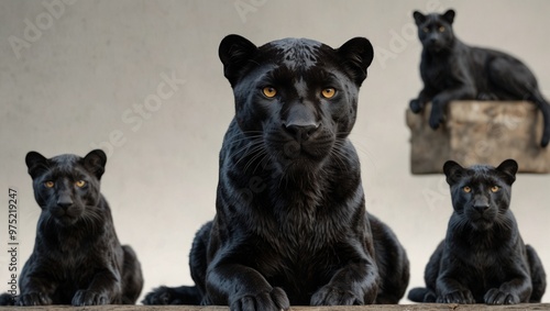 Black panther family posing together in a natural environment. photo