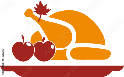 Thanksgiving food icon, traditional food with turkey and fruits