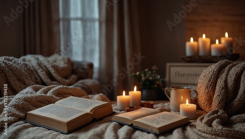 Cozy reading nook with books, candles, and warm blankets. photo