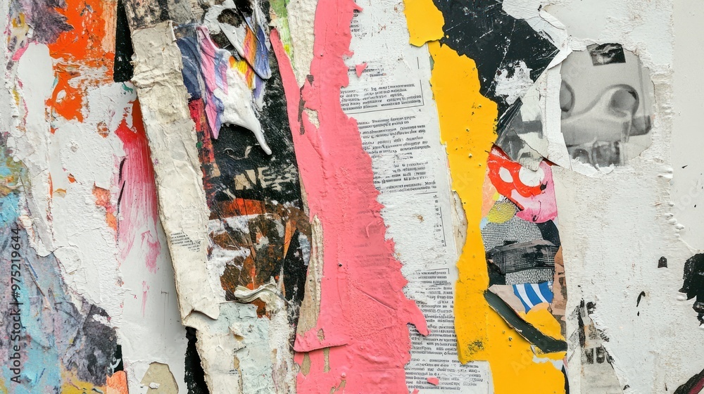 Fototapeta premium Eclectic collage featuring vintage magazine clippings and textured paper layered with bright, abstract paint splashes