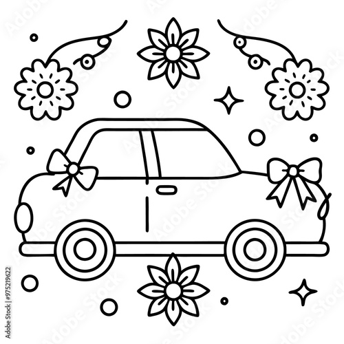 wedding car decorated outline coloring book page line art drawing