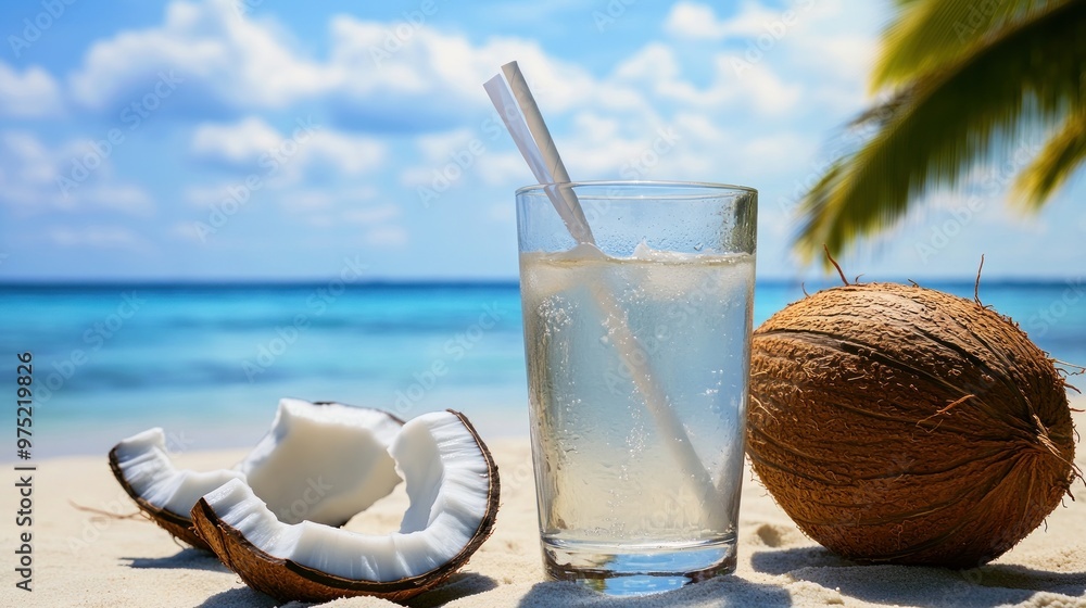 Glass of fresh coconut water served with straw and white coconut pieces on a beach by the sea Glass of fresh coconut water served with straw and white coconut pieces on a beach by the sea