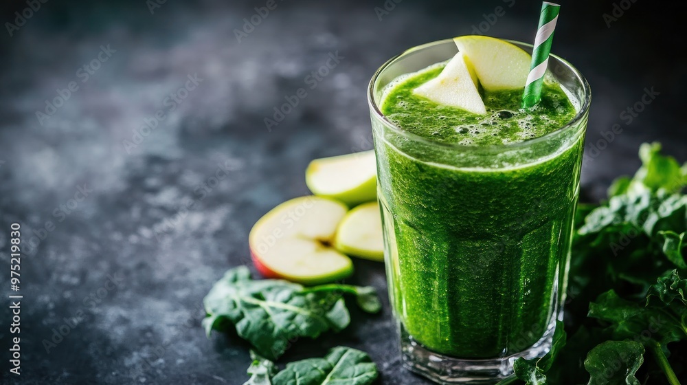 Fototapeta premium Glass of fresh green fruit smoothie served with apple slices and greens