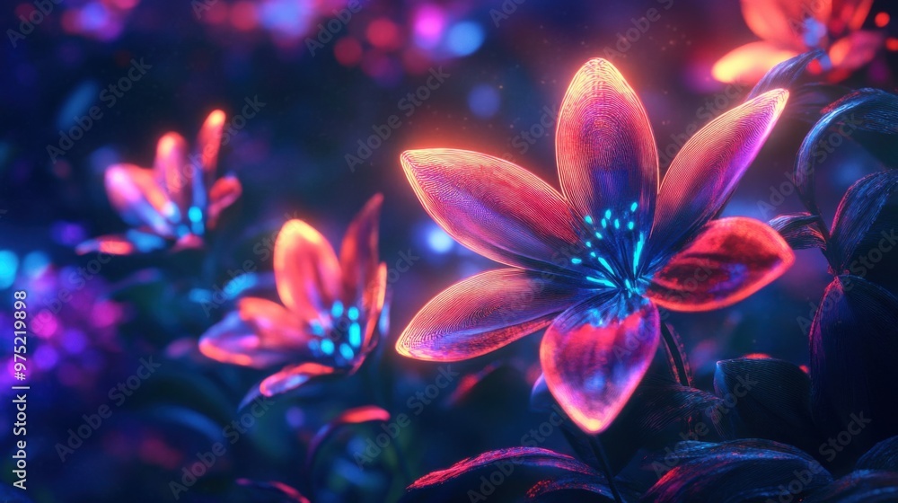 Fototapeta premium Glowing Neon Flowers in a Futuristic Digital Garden - Abstract Techno Botanical Artwork