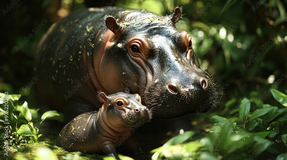 Fototapeta premium 8. A photorealistic pygmy hippo calf nuzzling its mother in a peaceful forest setting, with detailed shadows on their bodies, vibrant green foliage, and soft light creating a serene atmosphere