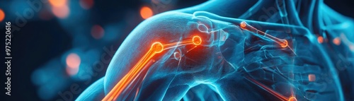 Anatomical illustration of a human shoulder joint, showcasing bones, muscles, and tendons in vibrant colors.