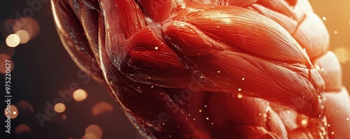 Close-up of a muscular arm showcasing strength and detail, illuminated by warm light, emphasizing fitness and anatomy.