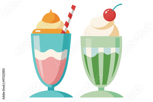 Glass of Ice cream float set, vector illustration on white background.