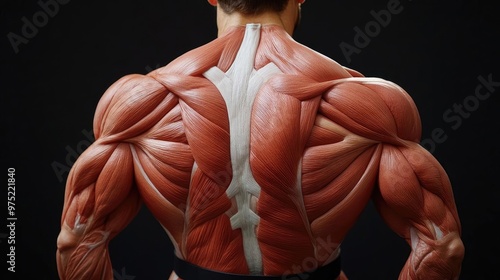 Detailed view of human muscular anatomy showcasing the back muscles in striking colors and definition against a dark background.