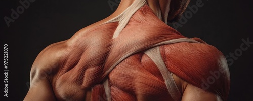 Detailed anatomical depiction of human back muscles, showcasing strength and definition in a dramatic lighting.