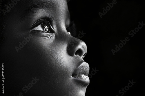 black and white closeup portrait of a young african american child looking upwards