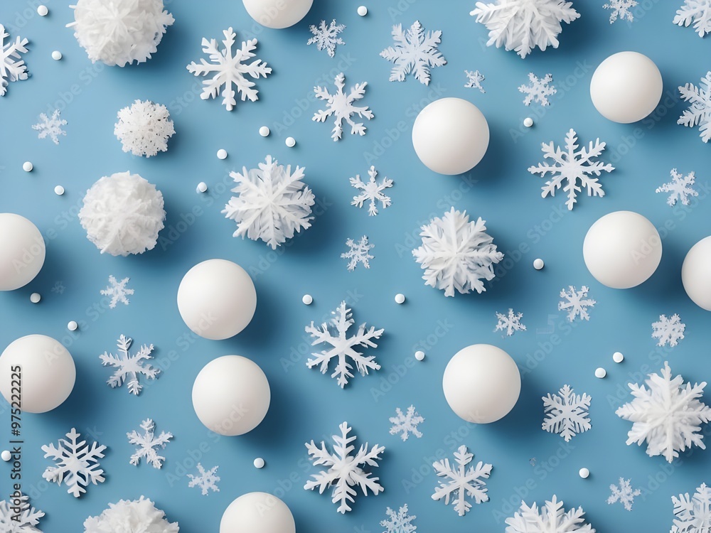 abstract Christmas winter composition pattern of white balls and snowflakes on pastel blue background abstract Christmas winter composition pattern of white balls and snowflakes on pastel blue background