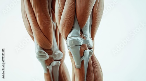 Detailed anatomical model of human legs showing muscle structure and knee joint for educational and medical purposes.