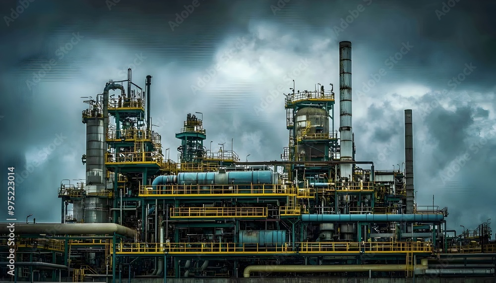 Gloomy Industrial Oil Processing Plant with Pipes and Machinery under Overcast Sky Gloomy Industrial Oil Processing Plant with Pipes and Machinery under Overcast Sky