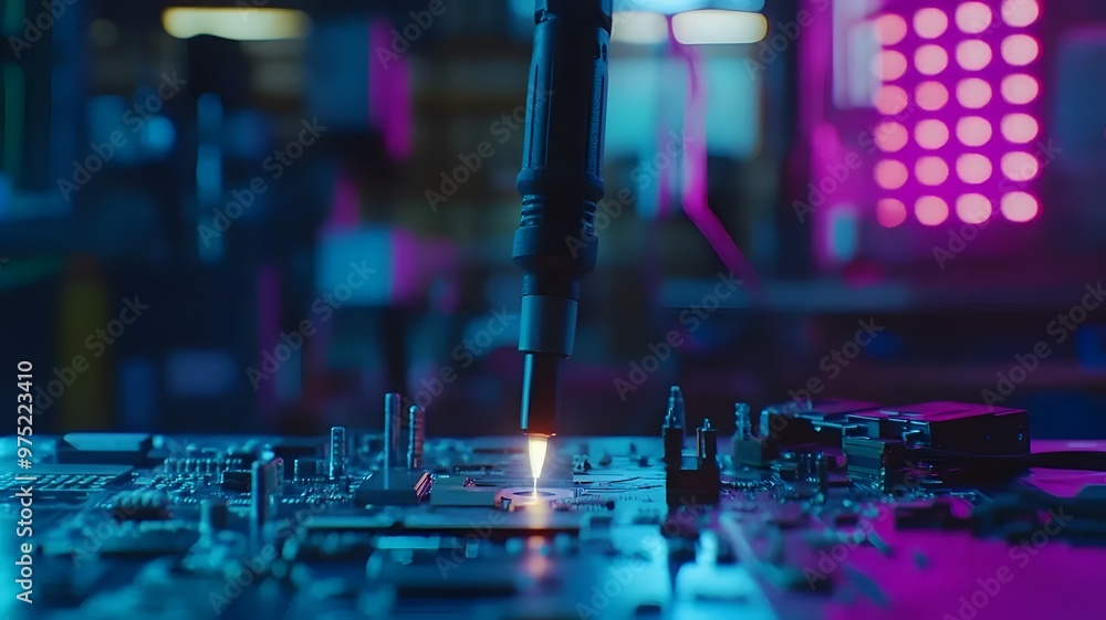 Close-up of professional soldering iron and electronic components on workbench, glowing ready for use, circuit boards in background, technical repair and electronics assembly concept Close-up of professional soldering iron and electronic components on workbench, glowing ready for use, circuit boards in background, technical repair and electronics assembly concept