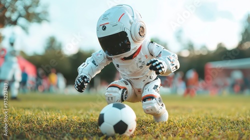 Humanoid Robot Soccer Player, A vibrant humanoid robot skillfully kicking a soccer ball on a lush green field, showcasing the fusion of sports and advanced technology in a dynamic setting photo