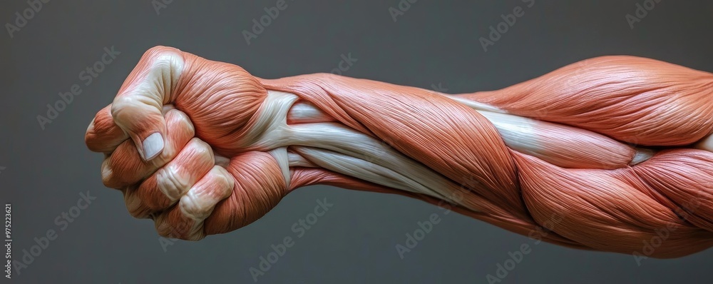 A detailed close-up of a flexed muscular arm showcasing anatomy and strength, highlighting muscle fibers and tension. A detailed close-up of a flexed muscular arm showcasing anatomy and strength, highlighting muscle fibers and tension.