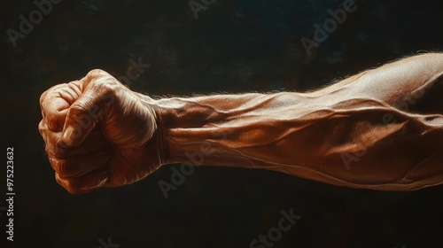 A powerful clenched fist showcasing strong muscles and veins, symbolizing strength, determination, and resilience. photo