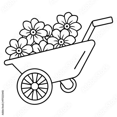 wheelbarrow with flowers outline coloring book page line art drawing