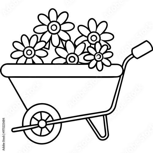 wheelbarrow with flowers outline coloring book page line art drawing