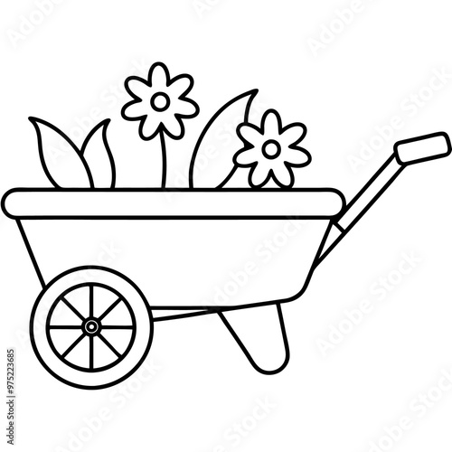 wheelbarrow with flowers outline coloring book page line art drawing