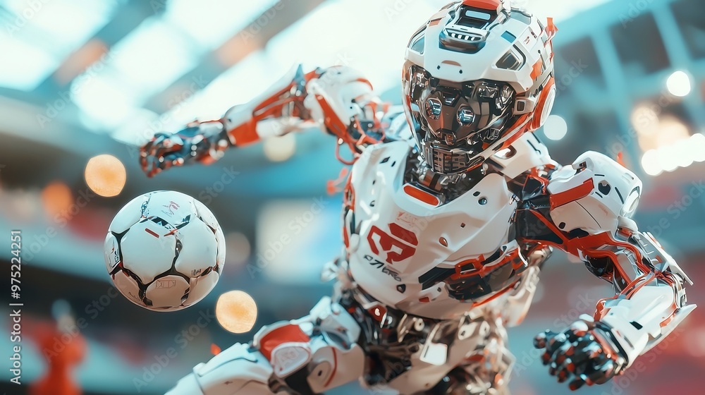 Naklejka premium Futuristic Soccer Robot, Humanoid robot in vibrant uniform energetically kicking a ball on a lush green field, showcasing innovation in sports technology and design