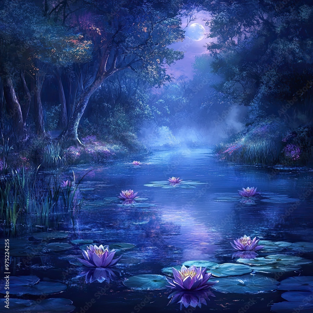 Fototapeta premium Tranquil Night Scene with Water Lilies and Still Water