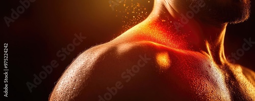 Close-up of a muscular shoulder glistening under dramatic lighting, showcasing strength and fitness in a vibrant setting.