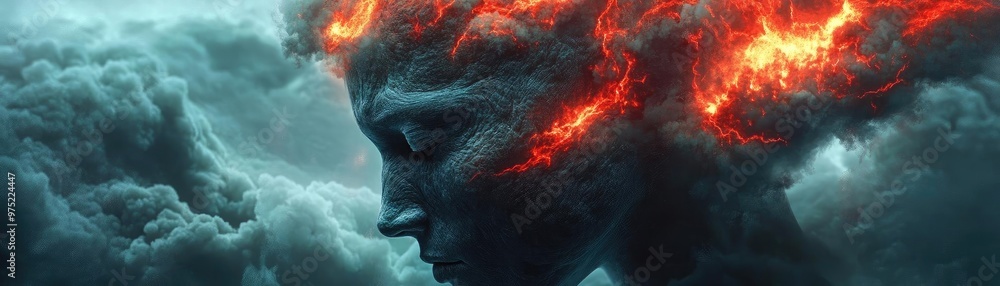 A surreal representation of a woman surrounded by fiery clouds, symbolizing emotion and intensity in a dreamlike landscape. A surreal representation of a woman surrounded by fiery clouds, symbolizing emotion and intensity in a dreamlike landscape.
