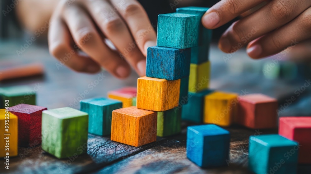 Hands using building blocks to create a career ladder, strategic assembly process, career, work, structured planning Hands using building blocks to create a career ladder, strategic assembly process, career, work, structured planning