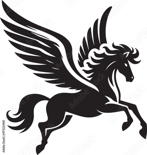 Black silhouette of jumping Pegasus vector, unicorn, flying pegasus vector silhouette, winged horse icon,