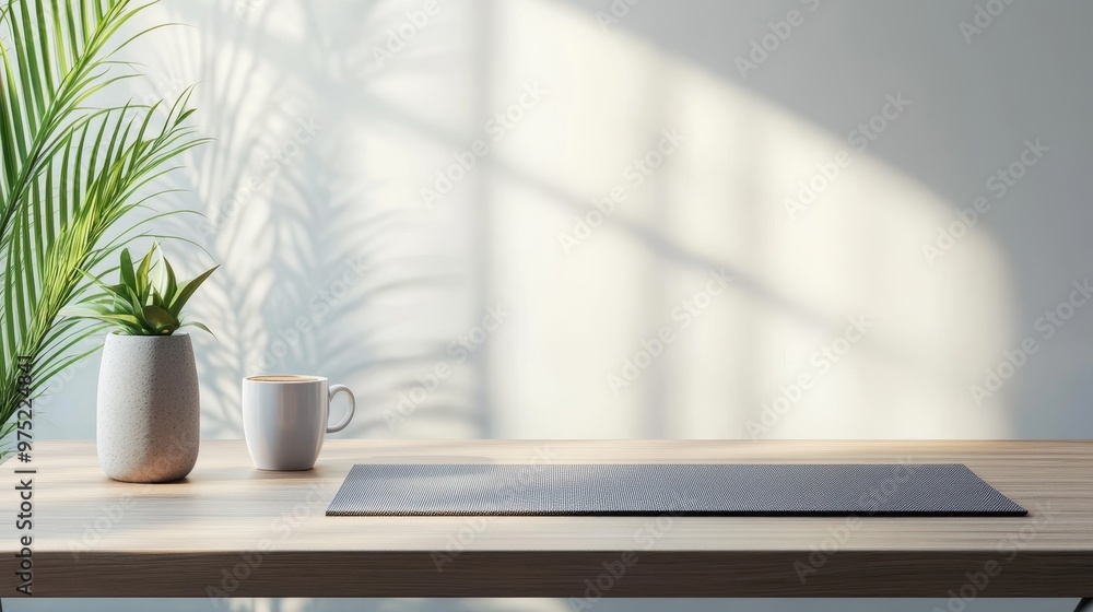 Minimalist office desk with balanced work-life elements, coffee cup on one side, yoga mat on the other, Work-Life Balance, modern workplace wellness Minimalist office desk with balanced work-life elements, coffee cup on one side, yoga mat on the other, Work-Life Balance, modern workplace wellness
