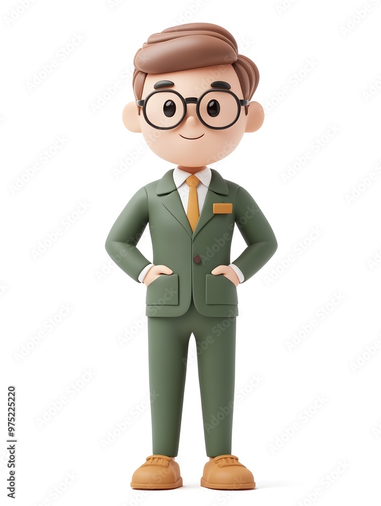 Cute 3D Cartoon Character of a Smiling Sales Associate Employee Wearing Glasses and Uniform on a Bright White Background. Friendly Mascot or Avatar for Business,Retail or Office Concept. Cute 3D Cartoon Character of a Smiling Sales Associate Employee Wearing Glasses and Uniform on a Bright White Background. Friendly Mascot or Avatar for Business,Retail or Office Concept.