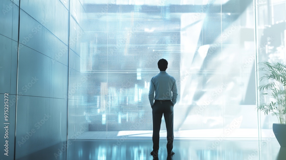 Professional manager in a modern office, analyzing data on a transparent screen, futuristic office setting, data-driven management Professional manager in a modern office, analyzing data on a transparent screen, futuristic office setting, data-driven management